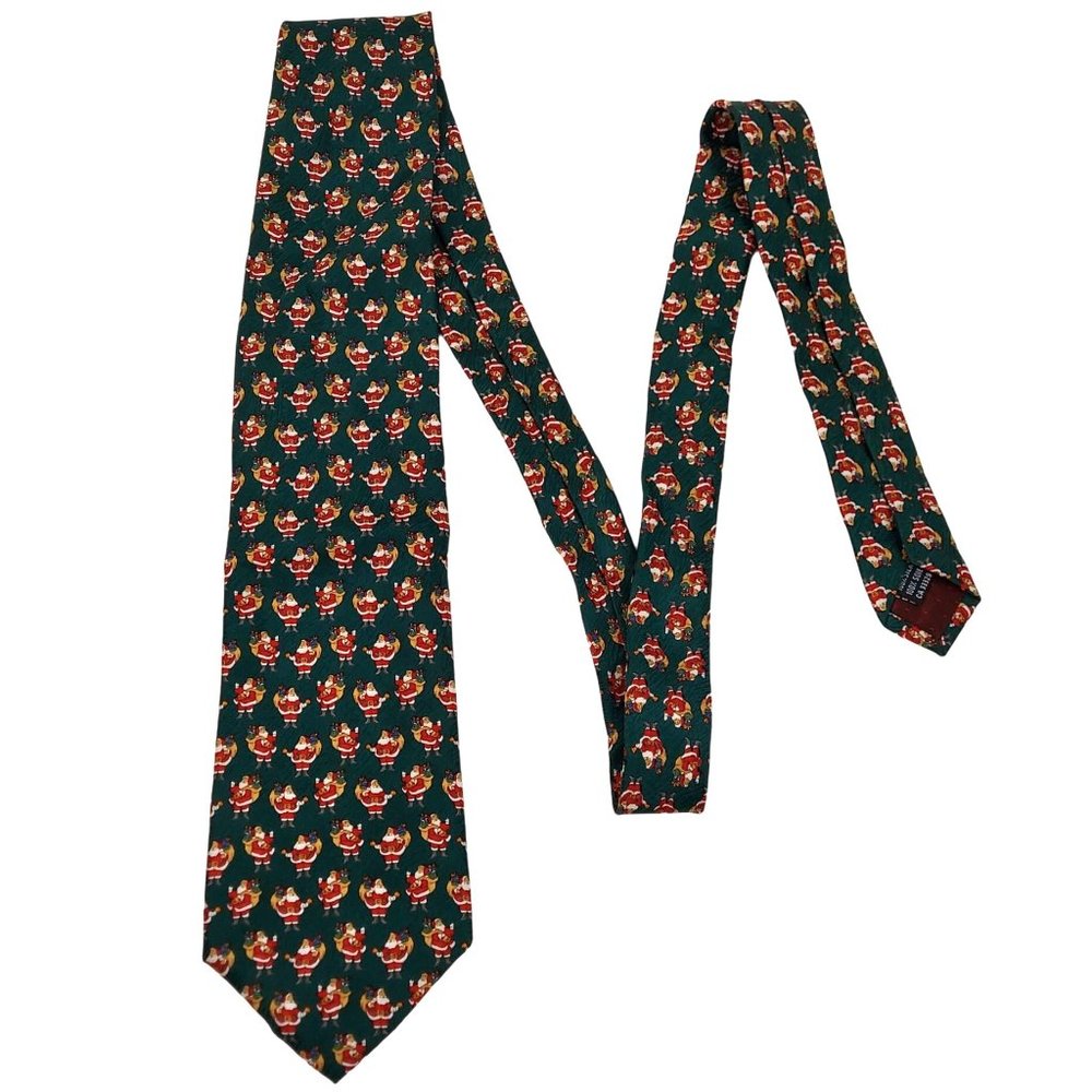 Kolte Mens Necktie Green Santa Claus Christmas Holiday 100% Silk